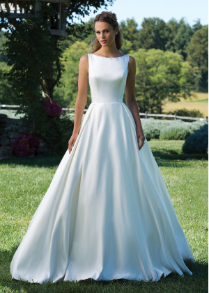 Ivory Matte Satin Lace Wedding Dress With Box Pleats